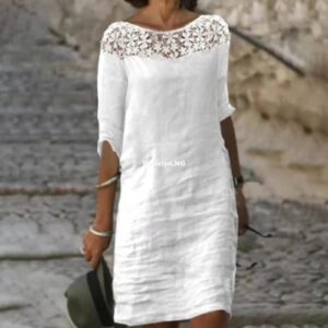 Women Sexy Dress White Hollow Lace Dress Short Sleeve Loose Midi Dresses 2023 Summer Casual Women's Casual Dress Vestidos Robe